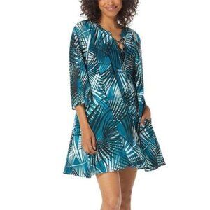 CoCo Reef Teal Palm Print Cover Up Dress Size M Lace-Up Beach Resort-NWT